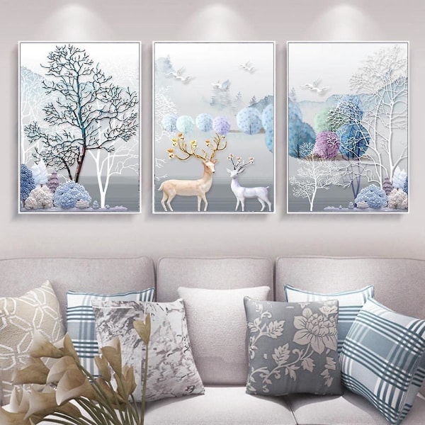 Unframed 3Set Relief Three-dimensional Abstraction Canvas Painting Pictures Tree and Deer Art Print Nordic Relief Three-dimensional Abstraction Poster