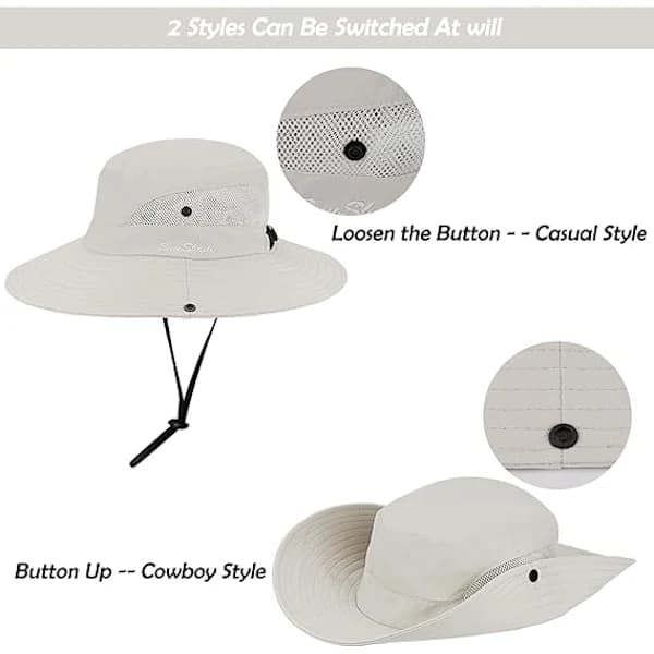 HA~Dam UV-beskyttelse Udendørs Foldbare Solhatte Mesh Bredskygget Strandfiskehat med Hestehalehul