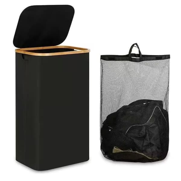 Laundry Basket with Lid - 100L Large Collapsible Laundry Hamper with Bamboo Handles & Inner Bag