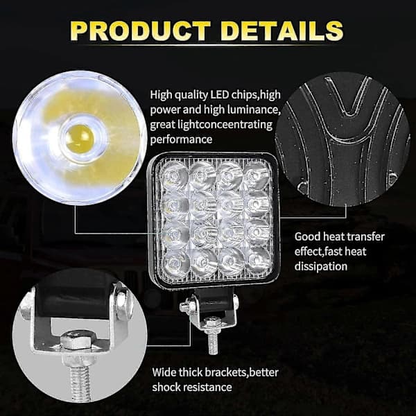 2 stk. kvadratiske LED-arbeidslys, 4 tommer Mini 48W 12V 24V LED-arbeidslampe, flomlys arbeidslys for offroadbiler, lastebiler, SUV 4x4, traktor, tåkelys...