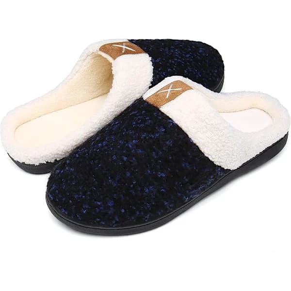 Härtofflor Memory Foam Komfort Fuzzy Plyschfoder Slip On Inomhus Utomhus Hem Skor (Marinblå, 43-45)