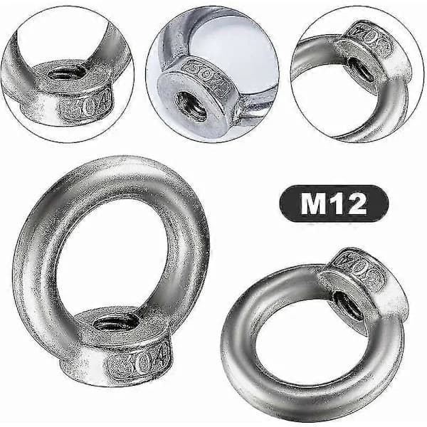 HA~6 stk. M12 løfteøye mutter rustfritt stål ringmutter metrisk maskinvare ringformet FemFixing gjenget mutter for løftetilbehør, overflatepolering, S