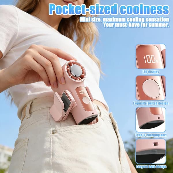Mini Håndholdt Ventilator, 3000mAh Genopladelig Clip-On Med 6 Hastigheder, LED Display, TEC Køleplade, Til Rejser Og Kontor, Pink