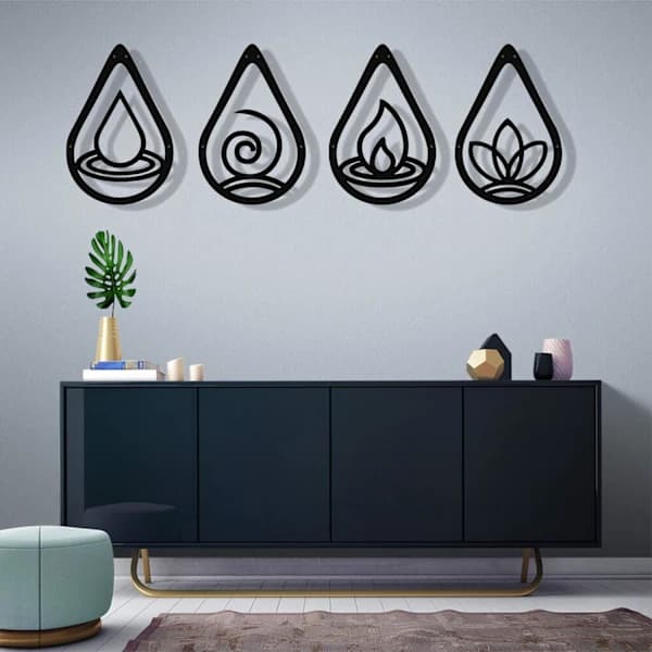 Metallväggkonst, Fyra Element Symbol, Jord Luft Eld Vatten och Luft Eld, Geometrisk Väggdekoration, Inomhusväggdekoration