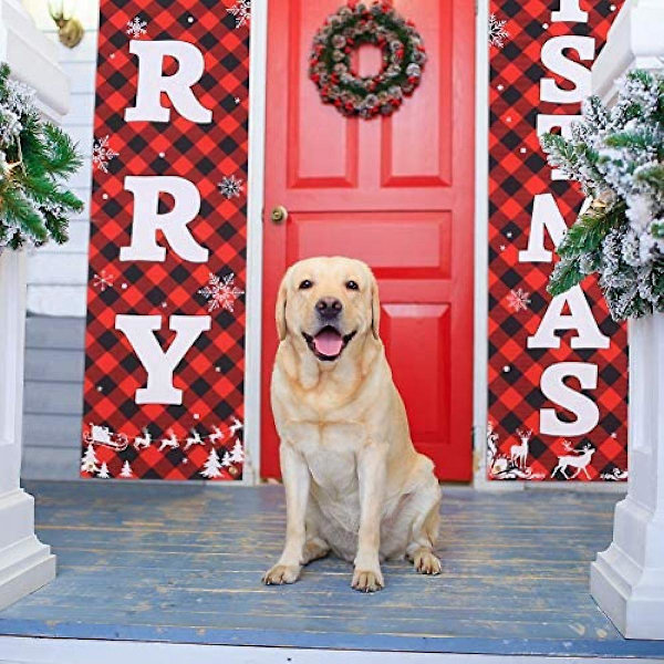 Juledekorationer til verandaen, Merry Christmas Banner, Juleveranda-skilt - Store juledekorationer til hoveddøren udendørs, rød ternet juledekoration