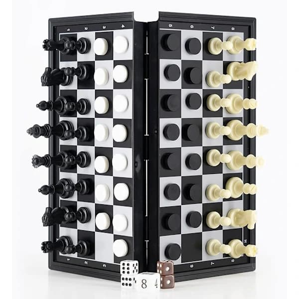 3-i-1 Schack Dam Backgammon Set, Magnetiskt Reseschack med Vikbart Fodral 9,8 Tum