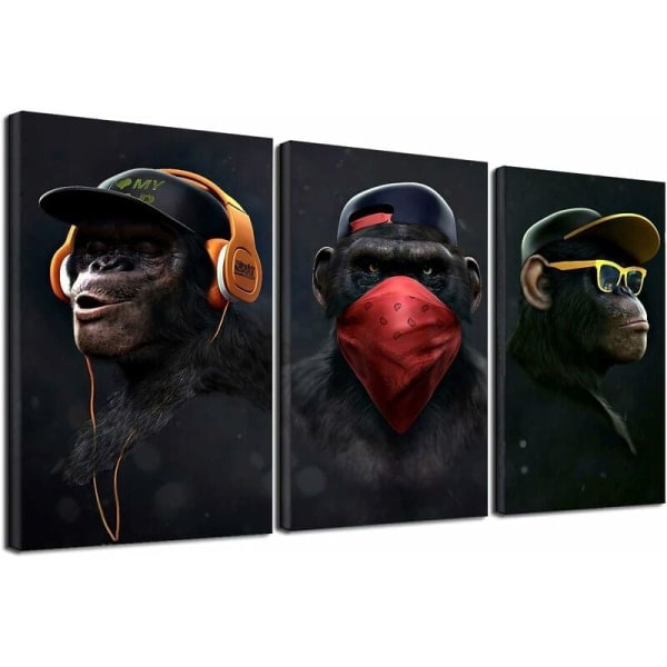 /HH/Wise Monkeys Lærreds Vægkunst - Moderne boligindretning - 30 x 50 cm, 3 dele