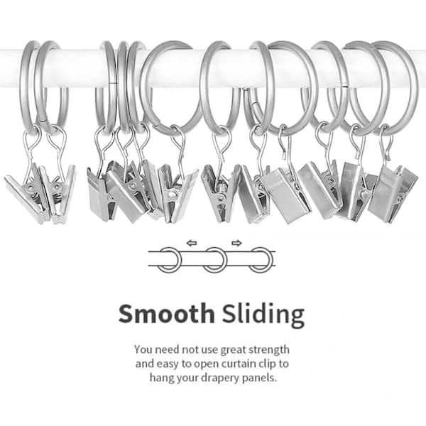 HA-30 st Gardinringar med Clips, Starka Draperiklämmor, Krokar för Spännstångsfäste - Silver