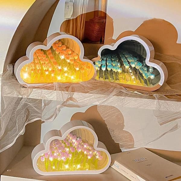 HA-20 Blommor Moln Tulpan Spegellampa, DIY LED Dekoration för Sovrum (Rosa) Rosa Rosa Rosa