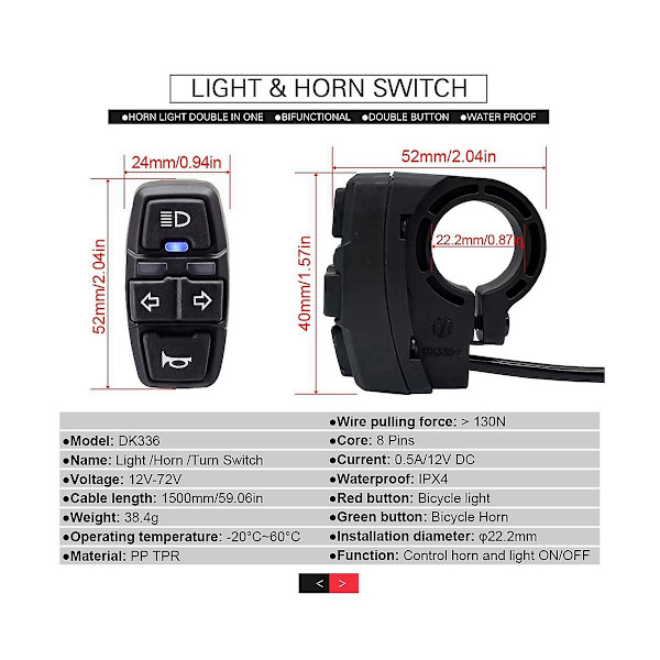 E-cykel Switch Dk336 Med Forlygte Baglygte S M Stik Advarselslys Blinklys Og Horn Ebike Ac