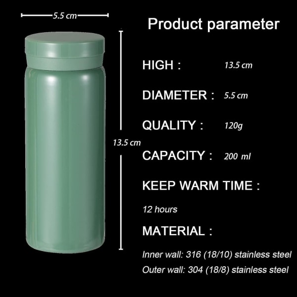 Liten termos, søt vannflaske, vakuumisolerte termos for varme og kalde drikker, hold 12 timer varm og 6 timer kald (grønn, 200 ml)