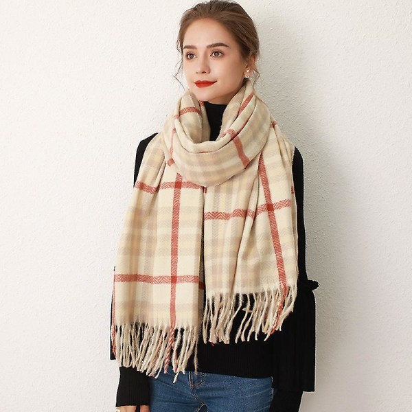 Dametørklæder Vinter Lang Blød Varm Tartan Check Wraps Uld Spinding Kvast Sjal Stjalet Tørklæde Damer,Beige