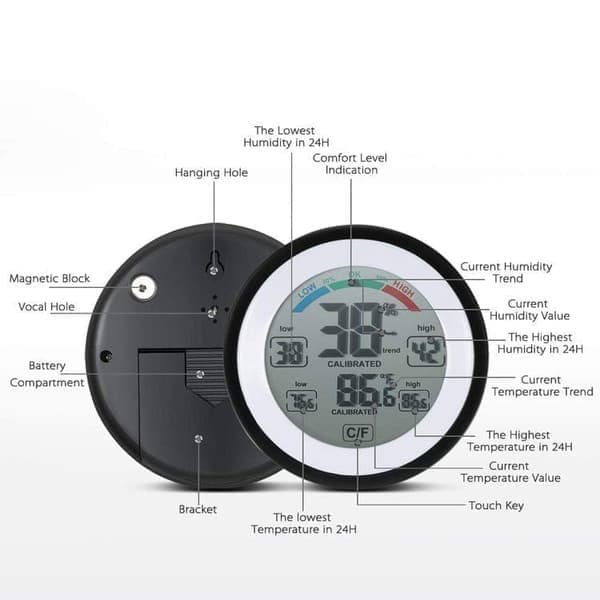 Trådløs Elektronisk Termometer Hygrometer – Indendørs og Udendørs, Rund Touchskærm med LCD