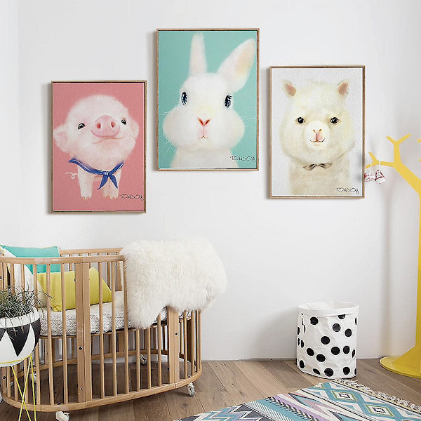 Wekity Cartoon Alpaca, Kanin og Gris Vægkunst Lærredstrykplakat, Enkelt Sødt Akvarel Kunsttegning Indretning til Hjem Stue Soveværelse og Børn