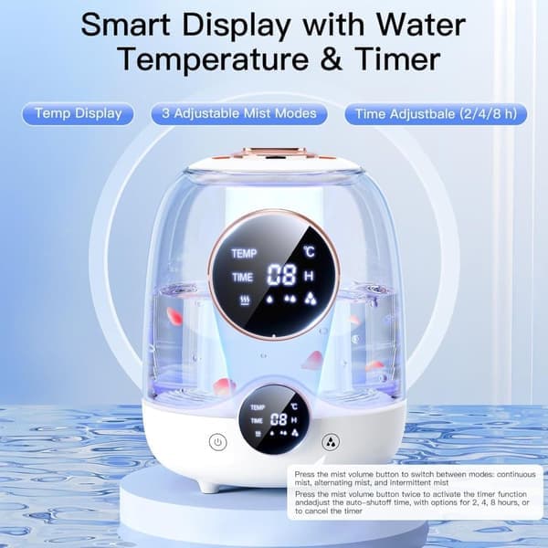 Luftfukter 3L med stille tåke – Smart timer, doble dyser, LED-lys – Perfekt for soverom og barnerom