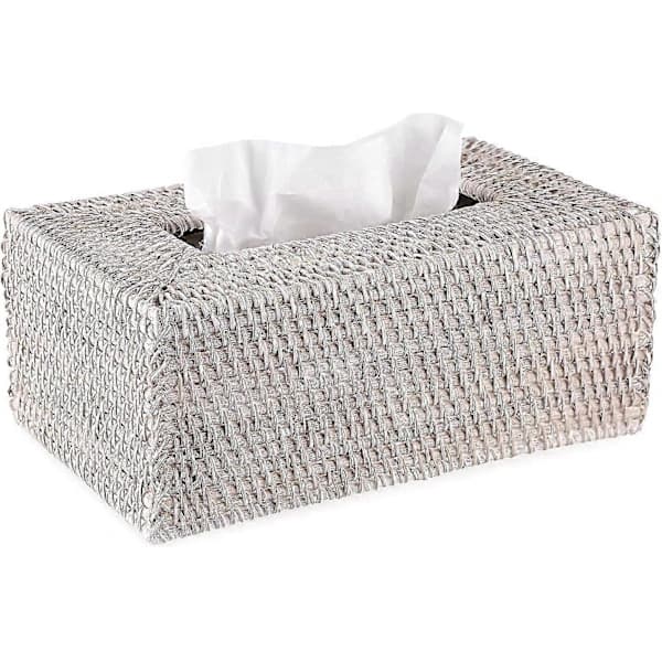 Vävd servettbox i rotting, dekorativ korgbehållare, rektangulär servettbox i vitkalkad finish
