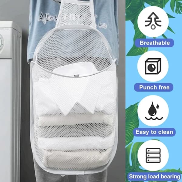 Hanging Laundry Basket, Large Pop-Up Laundry Storage Basket White Mesh Hamper Foldable Clothes Basket with Handles (60 x 40 cm)
