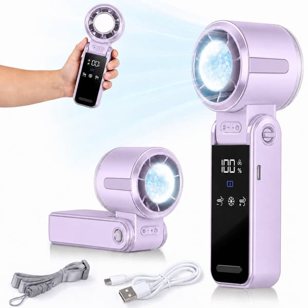 Bærbar håndholdt køleventilator med TEC-køleplade, genopladelig USB-C, LED-display, til rejser, lilla, 17 cm