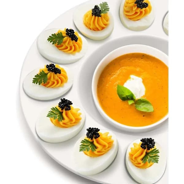 Fylld Äggbricka - Vit Keramisk Porslin 12 Koppar Ägg (2-pack) Serveringsbricka Cateringfat för Hårdkokta Fyllda Ägg, Påskäggshållare & Efterrätter