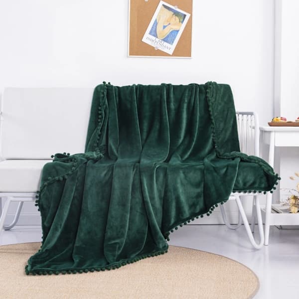 Flanneld Pompoms Blødt Tæppe Sofatæppe - Fleecetæppe til Sofa Blødt og Varmt, Fluffy Tæppe 130 x 160 cm som Sofatæppe