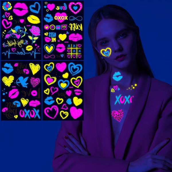 Neon-väriset väliaikaiset tatuoinnit, uusi rakkaus, sekoitettu tyyli, glitter, Amor, punaiset huulet, sydän, kukka, hohtaa pimeässä, UV-neon-tatuointitarrat