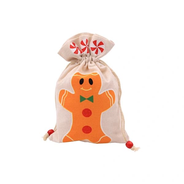 Jutesäckar för julklappar, 5-pack med julmotiv, träpärlor