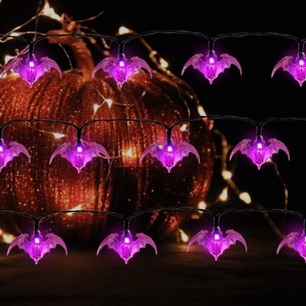 Twinkle Star Halloween ljusslinga, 4,85 m 30 LED lila fladdermus Halloween dekorationsljus, batteridriven med 8 belysningslägen vattentät spöke