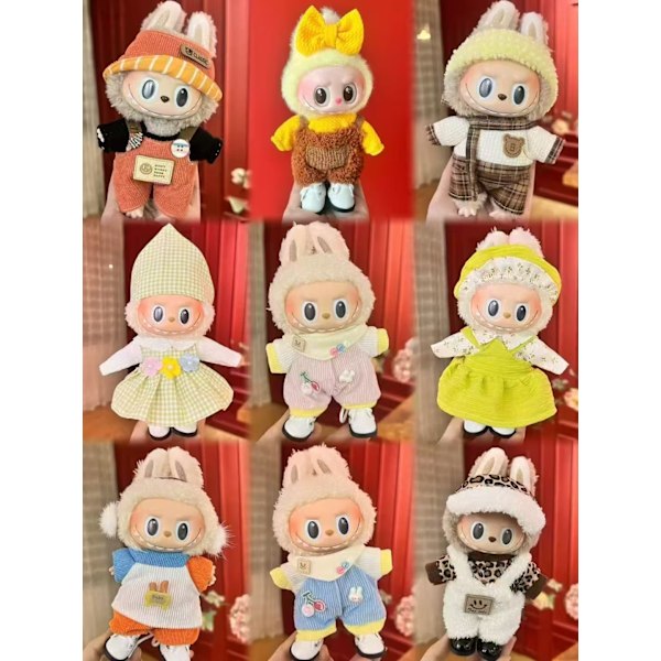 [HH] Söt Labubu Hänge Klädbyte Blind Box Dockkläder Trendiga Kläder Klä upp Dockor Spel Grossist 5cm*5cm overalls with flower