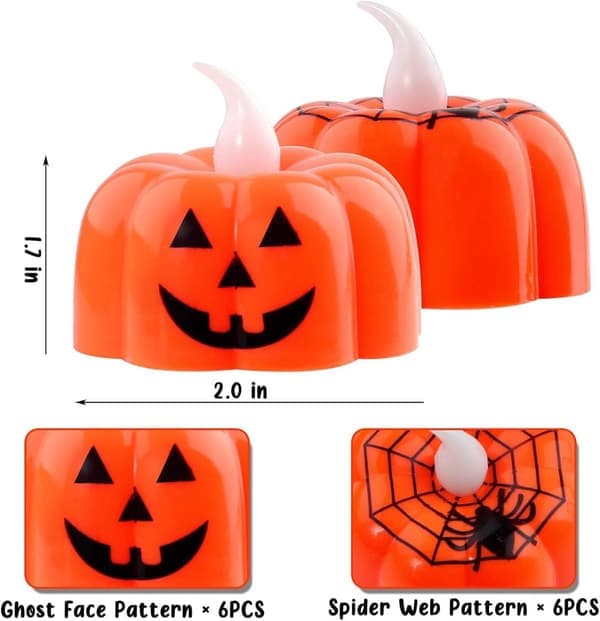 12 stk. Græskar Flameless Tea Lights - Orange LED Belysning Halloween