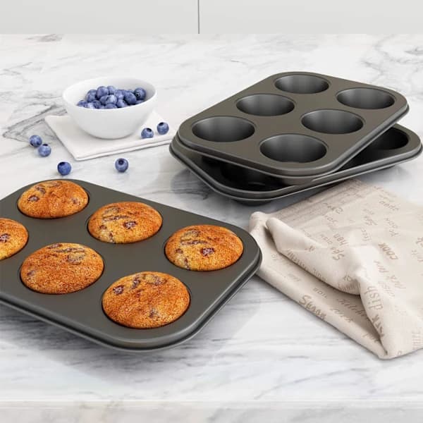 2-pak non-stick muffinform, kulstofstålform til muffins, 6 kopper, let at rengøre