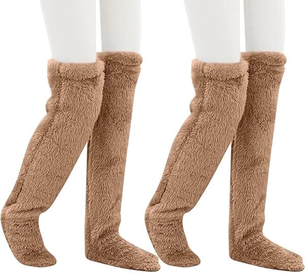 Fleece Over-The-Knee Strømper til Kvinder, Bløde, Plys og Varme, Strækbare Vinter Benvarmere til Hjemmet, Kontoret og Udendørs Brug, Brun