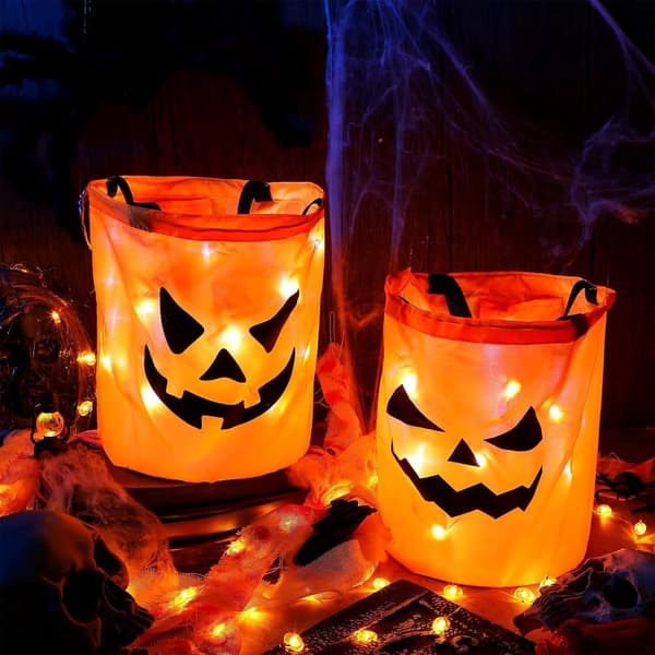 LED Halloween Slikspande, Genanvendelige Polyester Græskar Trick Or Treat Tasker, 2-pak Til Halloweenfester, Orange, 30 x 25 cm