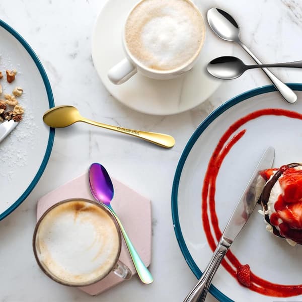 Sæt med 6 mini dessertskeer, rustfrit stål, tåler opvaskemaskine, til kaffe, te og desserter, sort