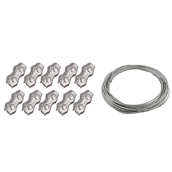 11 stk rustfrie ståltråd klemmer + kabel: 10 stk 3mm Duplex klemmer Wire Cable Rope Grips klemmer