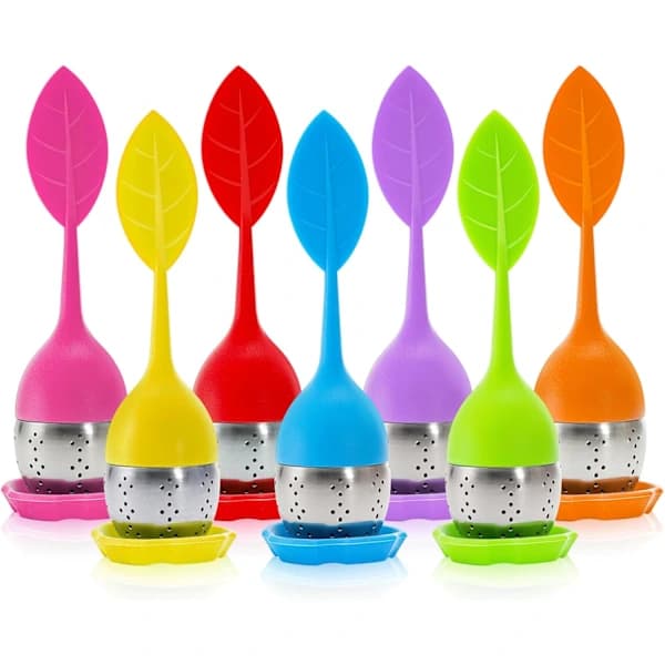 7-pakning Silikon Teinfuser, Søt Løsblad-tesil, Finmasket Tesil med Dryppebrett, Rustfri Te Filterkule Te Diffuser