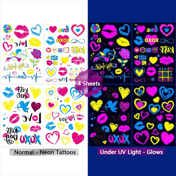 Neon-väriset väliaikaiset tatuoinnit, uusi rakkaus, sekoitettu tyyli, glitter, Amor, punaiset huulet, sydän, kukka, hohtaa pimeässä, UV-neon-tatuointitarrat