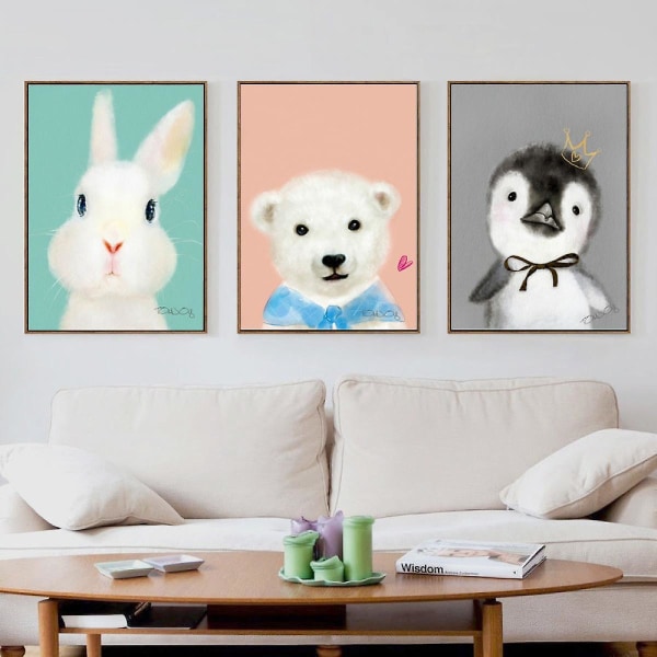 Wekity Cartoon Penguin, Rabbit ja Bear Seinätaide Canvas-tulostusjuliste, Yksinkertainen söpö vesiväripiirustuskoriste kotiin olohuoneeseen makuuhuoneeseen ja lapsille