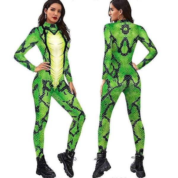 /HH/ Grön ormmönstrad bodysuit för kvinnor, djurdräkt cosplay party jumpsuit bodysuit-Perfekt XL