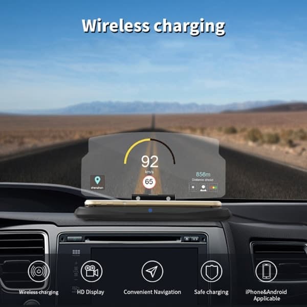 Trådløs Oplader Bil HUD Head Up Display Telefon Navigation Holder