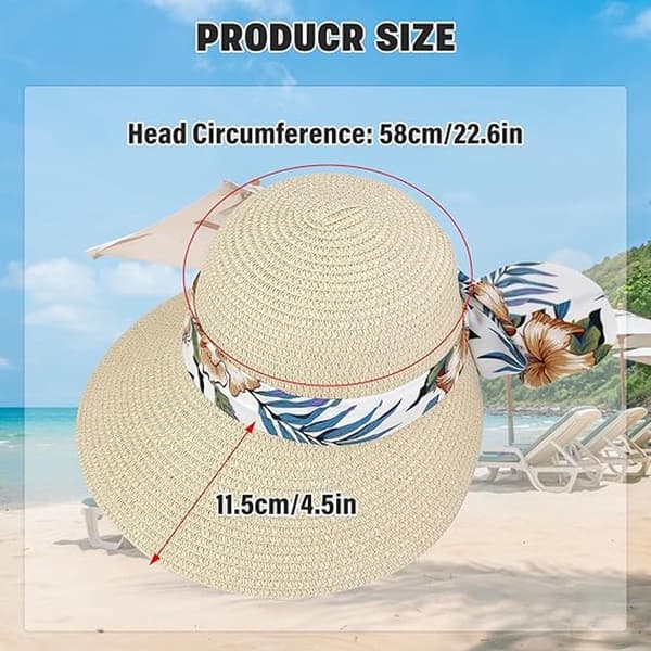 Solhatt for kvinner med bred brem, UPF 50+ UV-beskyttelse, strå, blomsterbue, hvit, for strandreiser og ferie