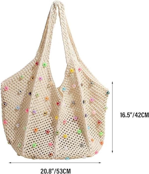 Hæklet mulepose med farverige perler, foldbar skuldertaske med stor kapacitet til kvinder, boho strandrejser og shopping