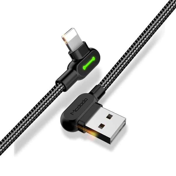 McDodo CA-4679 Vinklet Lightning-kabel, LED, 2A, 3m, sort sort
