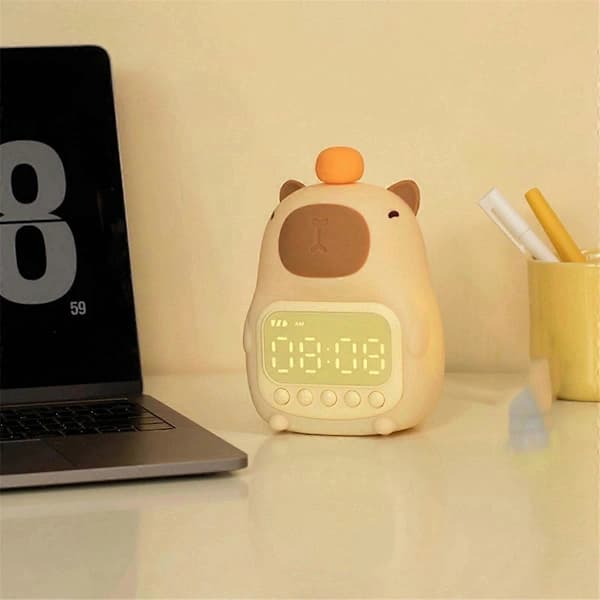 Sengelampe med Capybara-tema, LED Snooze-ur, Genopladelig Natlampe