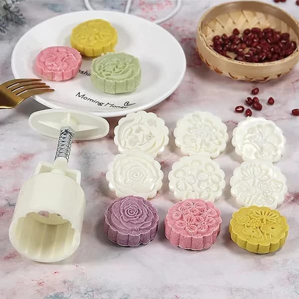 Månekakeform Presser, 4 stk Bakeform Håndpressesett Med 12 stk Former For Baking Kaker Kjeks Desserter