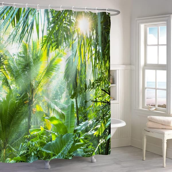 Duschdraperi, 100 % polyester, vattentätt och mögelresistent, tropisk bladdesign för badrum, grönt, 180 x 200 cm