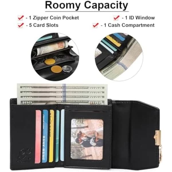 Wallet Women Leather RFID Blocking Card Holder Small Compact Purse Zip Coin Pouch with ID Window