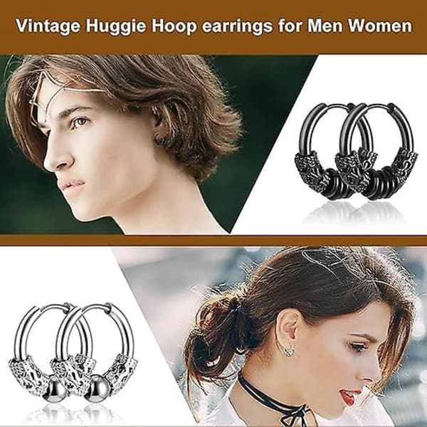 HA-14mm Herr Titanium Stål Hoop Øreringe Sæt - Sort & Sølv, Punk Rock Stil