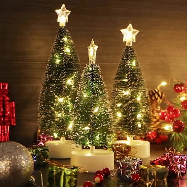 HA-3 st Mini Christmas Trees with Lights - Artificial Christmas Trees with LED String Lights for Christmas Decoration