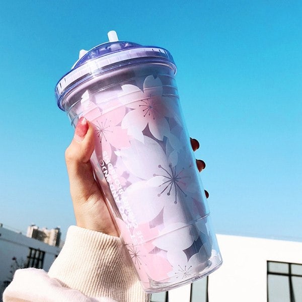 /HH/ 480 ml Sakura plastik krus med sugerør og låg BPA-fri dobbeltvæg - Perfet Pink