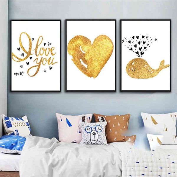 Wekity Kærlighed og Hval Vægkunst Lærredstryk Plakat, Enkelt Sødt Guld og Sort Kunsttegning Dekoration til Hjem Stue Soveværelse Kontor og Børneværelse